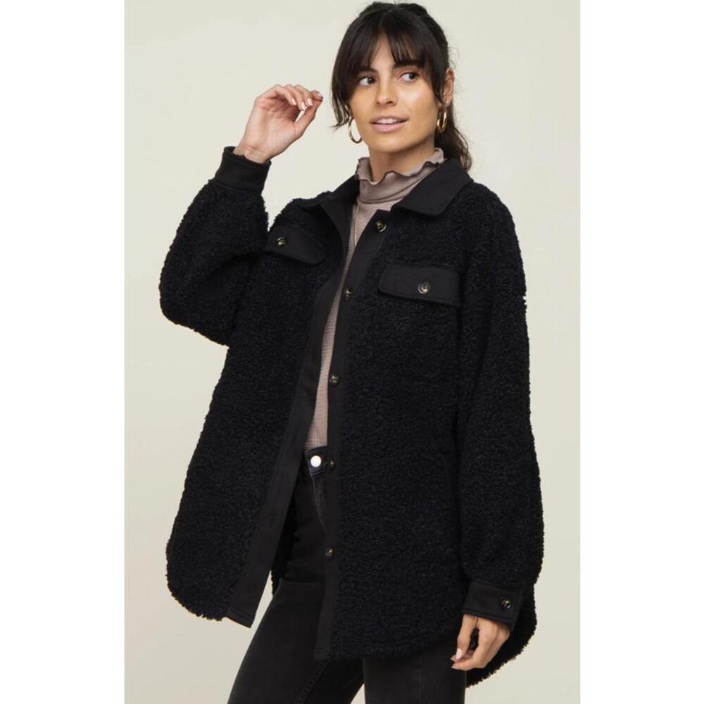 BiBi Black Contrast Oversized Sherpa Coat - Size - Medium